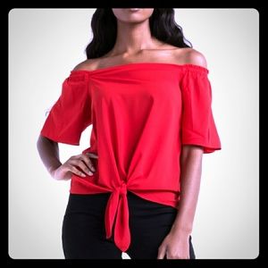 Akira Cherry Red Off Shoulder Tie Front Top